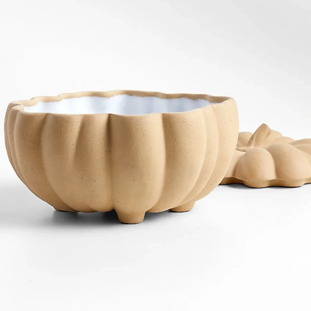 New! Crate&Barrel Ceramic Pumpkin Serving Bowl with Lid